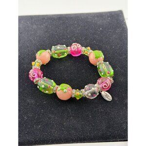 Kate & Macy Lampwork Glass Bead Stretch Bracelet Pink Green Rhinestone Spacers R